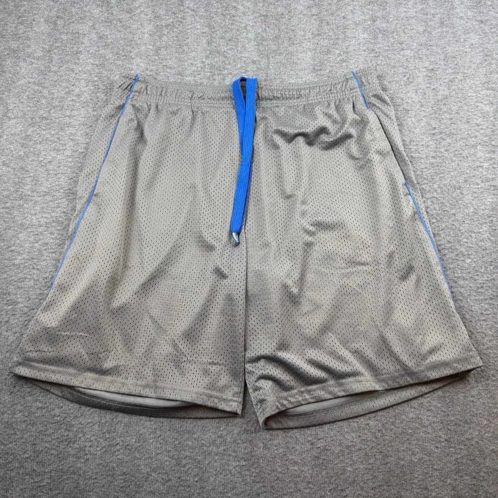 Reebok Mesh Athletic Shorts Men's L Grey Blue Piping Drawstring Gym Workout‎